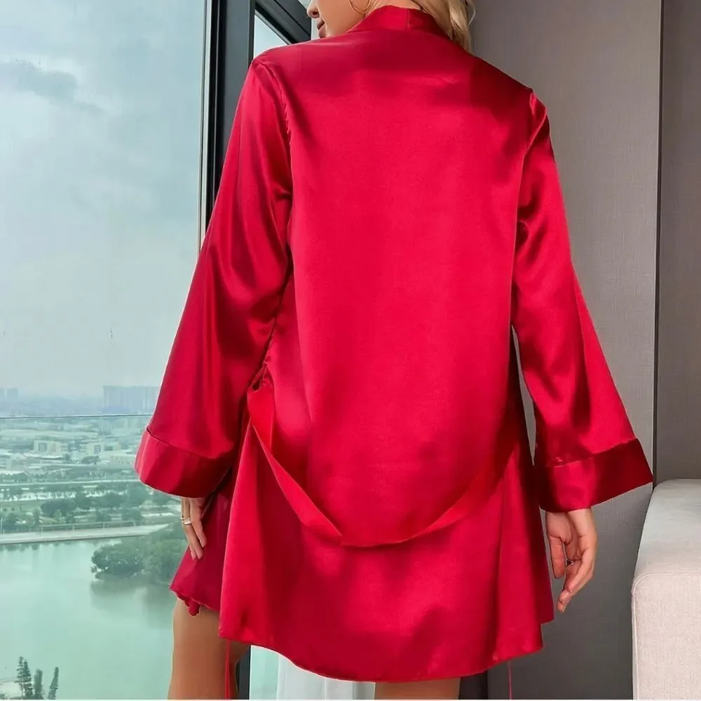 Babydoll Lingerie+Robe Set Women Satin Lace Bathrobe Long Sleeve Robe Nightgown